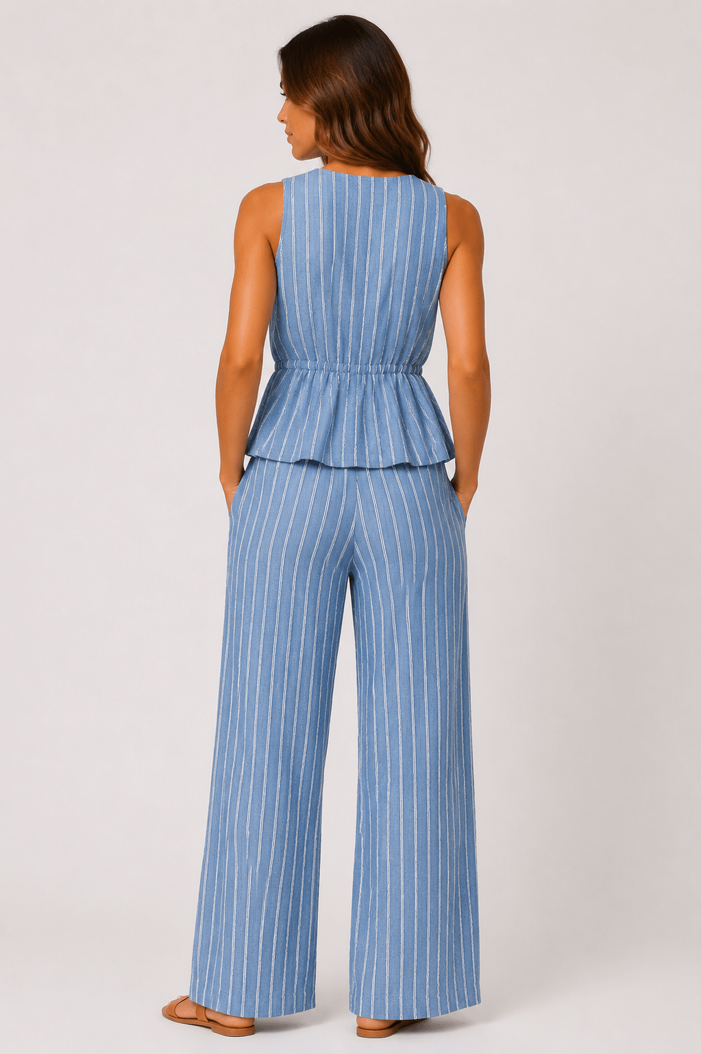 Striped Deep V-Neck Pleated Top & Wide Leg Pants Co-Ord Set Casual Beach Holiday Two Piece Outfit - Edin London