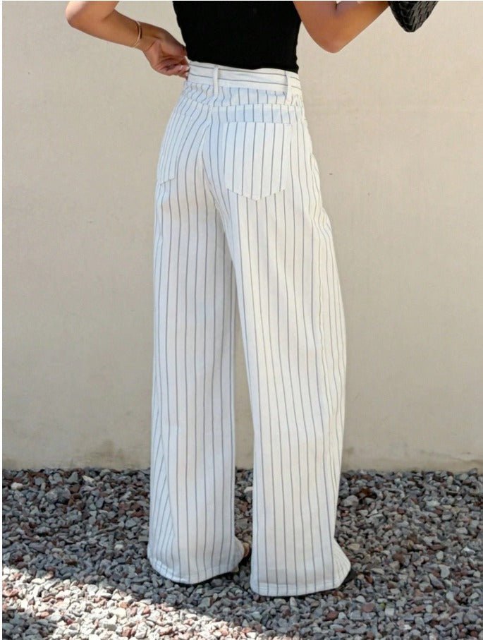 Striped Patchwork Straight-Leg Jeans Women's Business Casual Denim Pants - Edin London