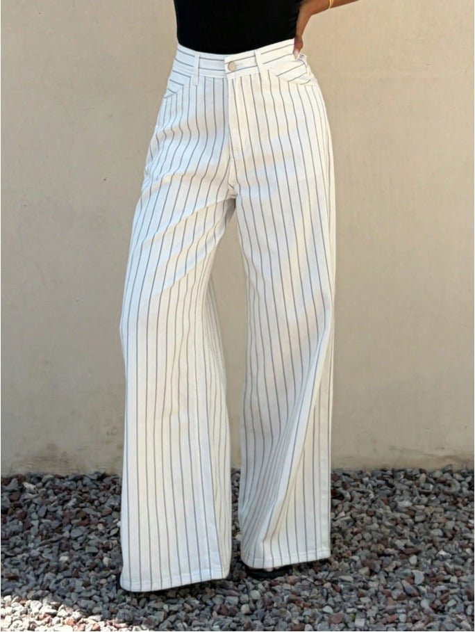 Striped Patchwork Straight-Leg Jeans Women's Business Casual Denim Pants - Edin London