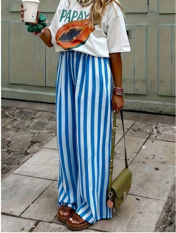 Striped Woven Wide Leg Beach Pants Women's Holiday & Resort Wear Trousers - Edin London