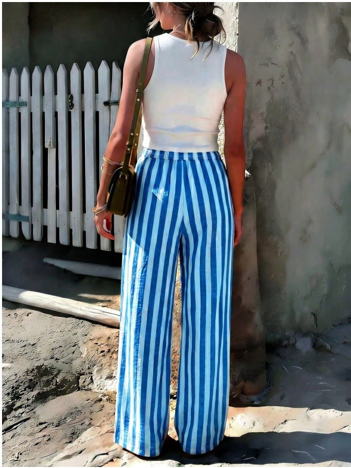 Striped Woven Wide Leg Beach Pants Women's Holiday & Resort Wear Trousers - Edin London