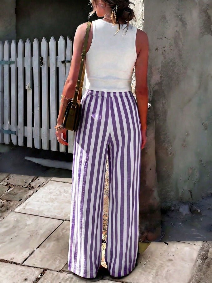 Striped Woven Wide Leg Beach Pants Women's Holiday & Resort Wear Trousers - Edin London