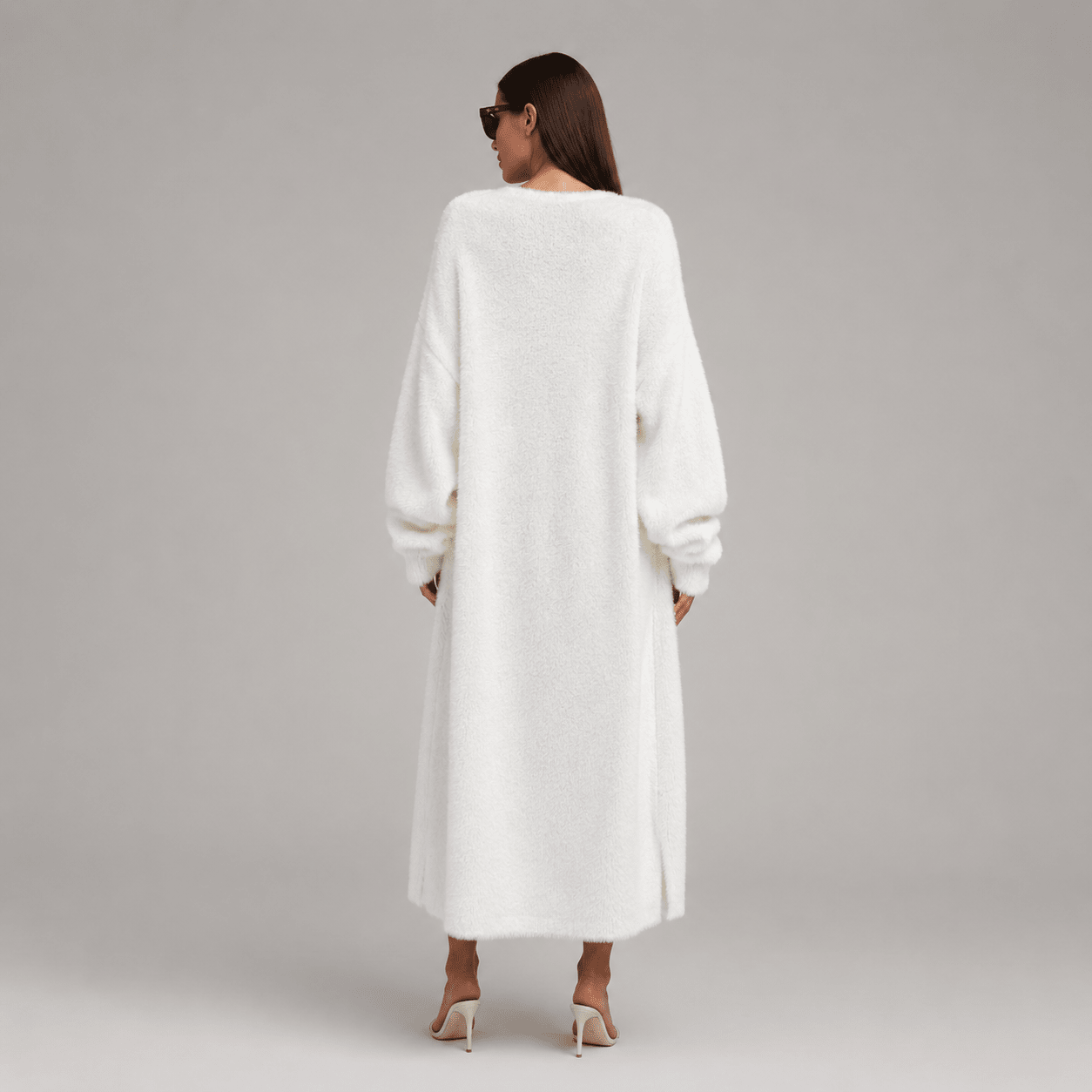White Long Plush Cardigan Women's Lazy Style Sweater Jacket - Edin London