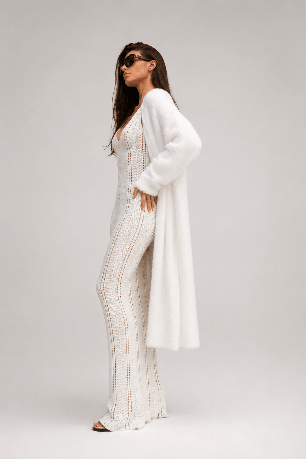 White Long Plush Cardigan Women's Lazy Style Sweater Jacket - Edin London