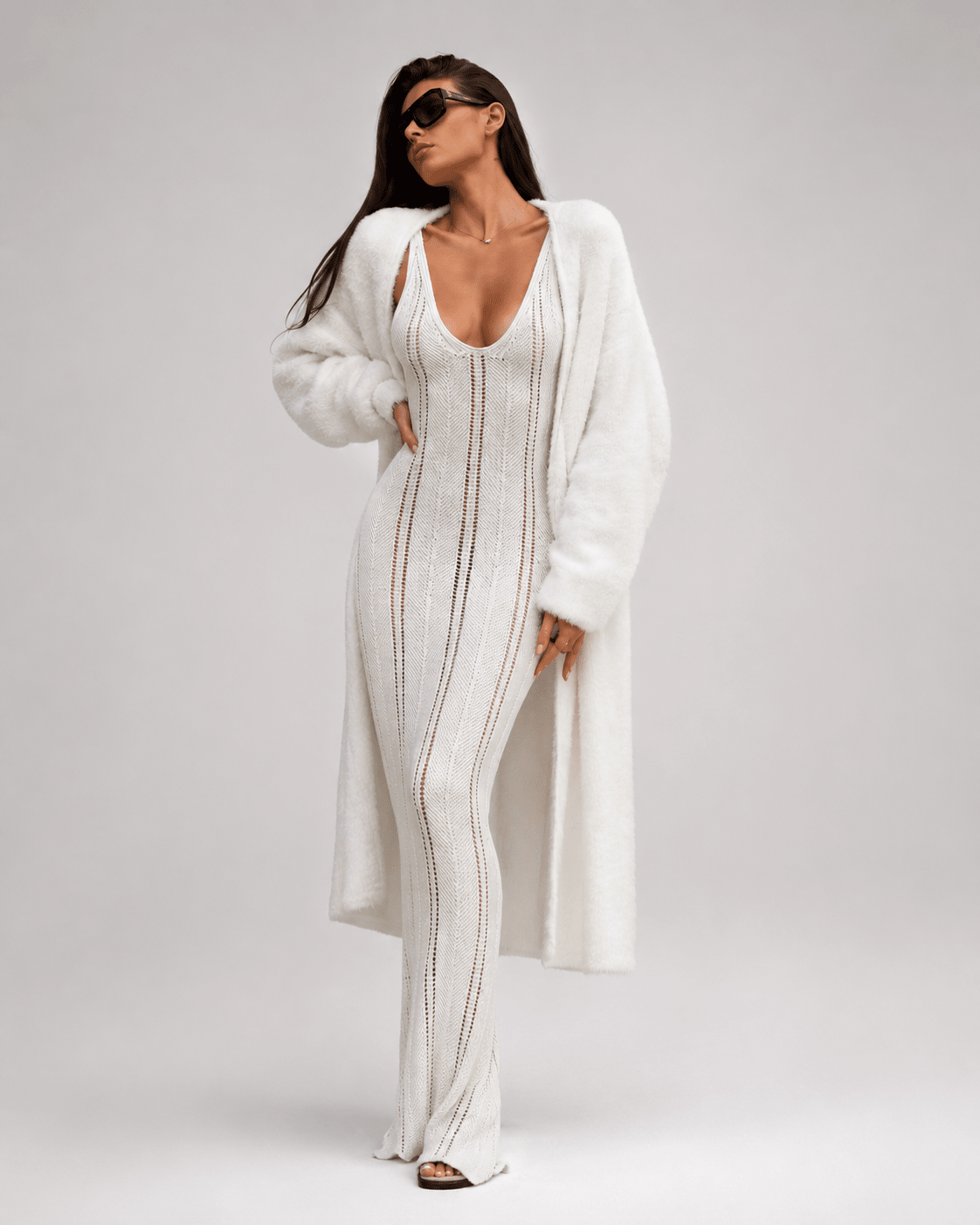 White Long Plush Cardigan Women's Lazy Style Sweater Jacket - Edin London