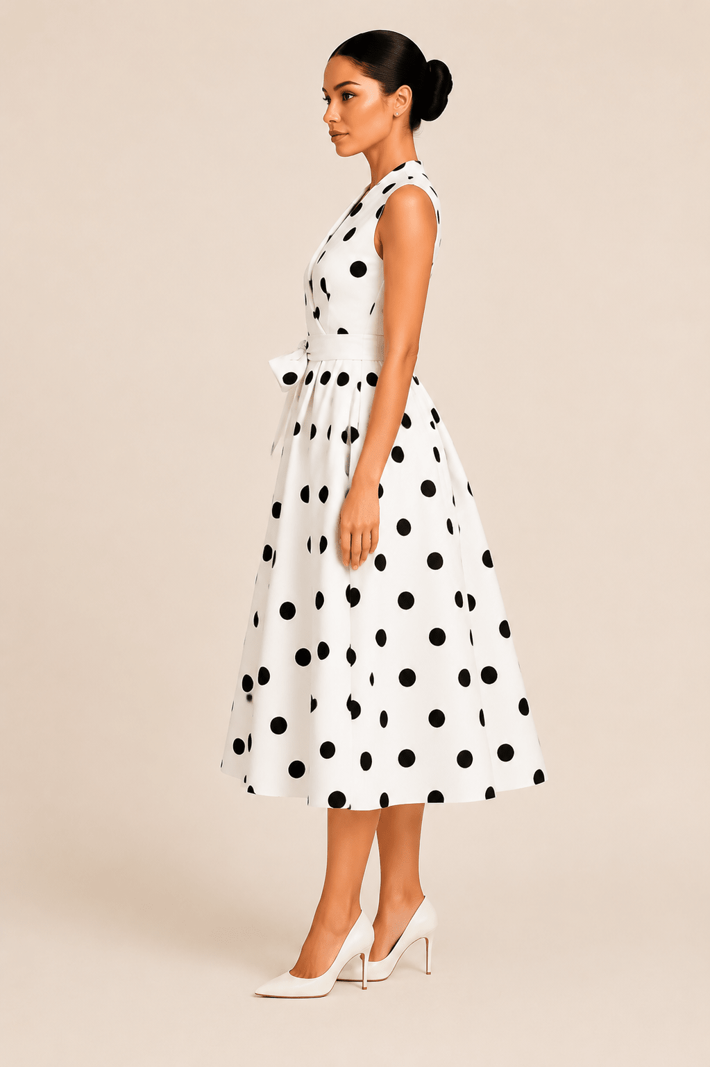 White Polka Dot Midi Dress for Women - Sleeveless V-Neck Wrap Tie Waist Pleated Dress - Edin London