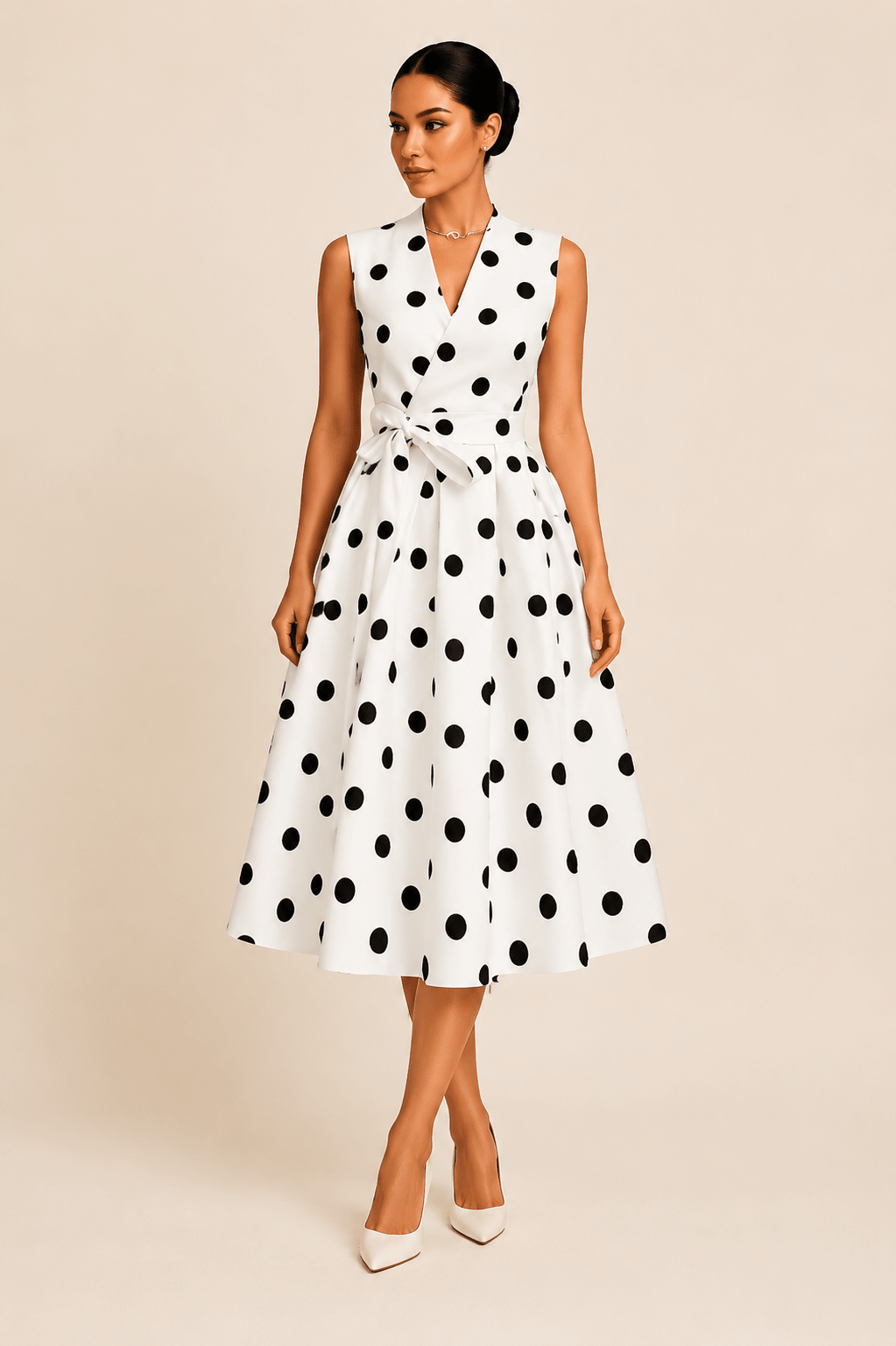 White Polka Dot Midi Dress for Women - Sleeveless V-Neck Wrap Tie Waist Pleated Dress - Edin London
