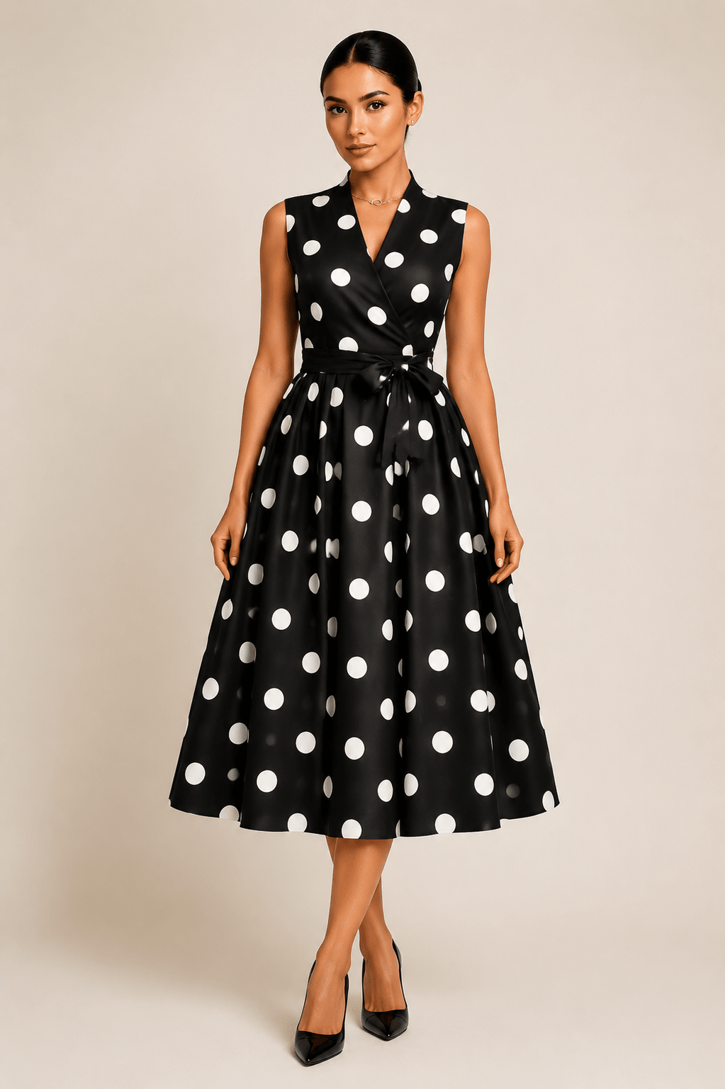 White Polka Dot Midi Dress for Women - Sleeveless V-Neck Wrap Tie Waist Pleated Dress - Edin London