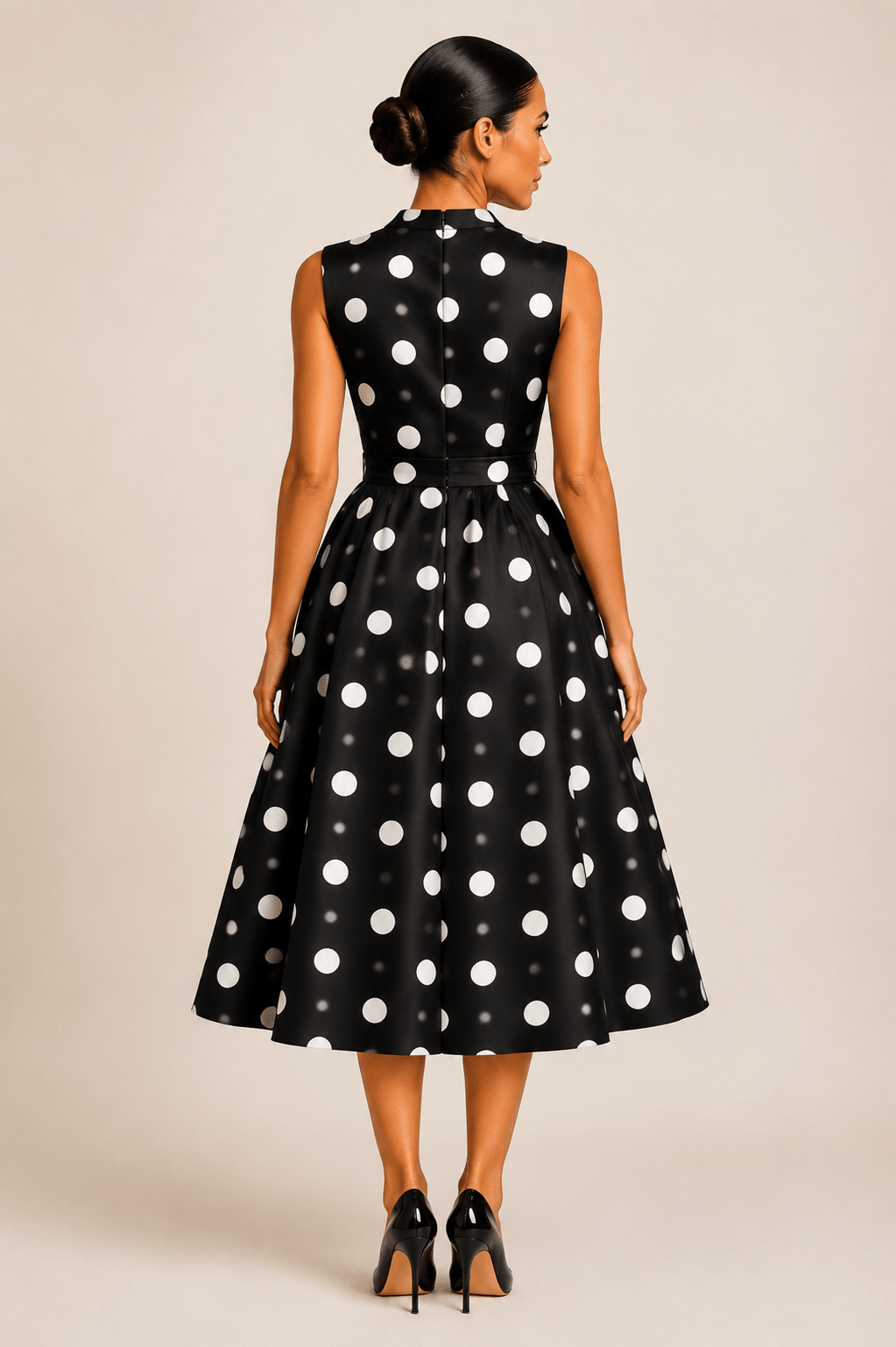 White Polka Dot Midi Dress for Women - Sleeveless V-Neck Wrap Tie Waist Pleated Dress - Edin London