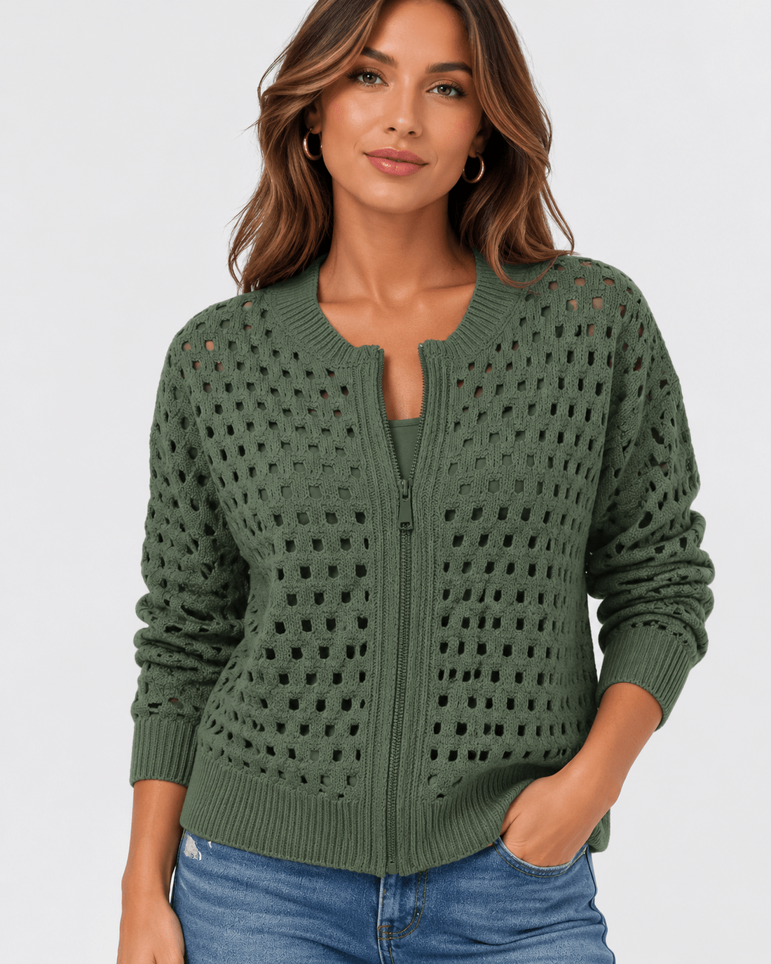 Woman's Stunning Hollow Knit Zip Cardigan - Edin London