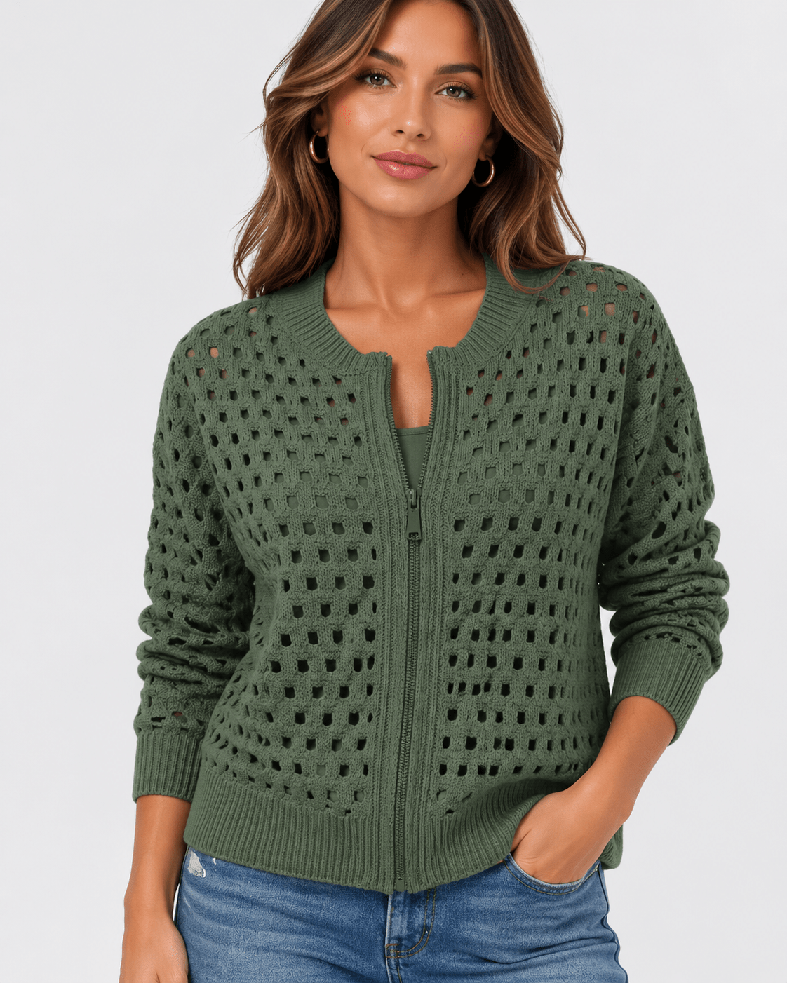 Woman's Stunning Hollow Knit Zip Cardigan - Edin London