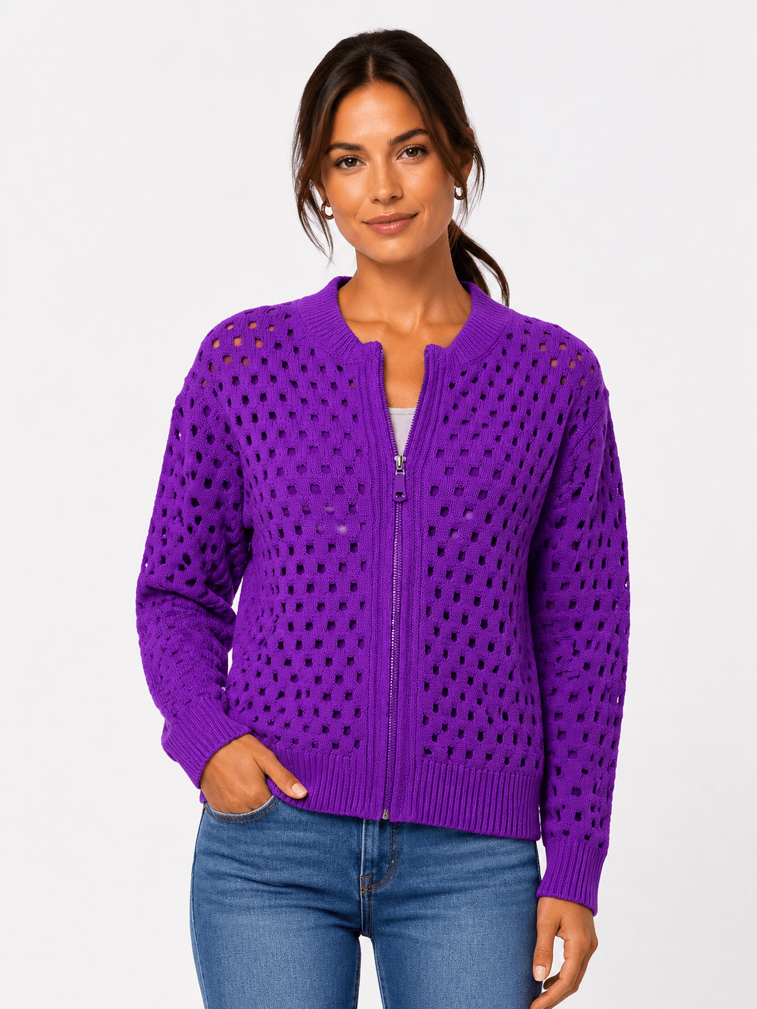 Woman's Stunning Hollow Knit Zip Cardigan - Edin London