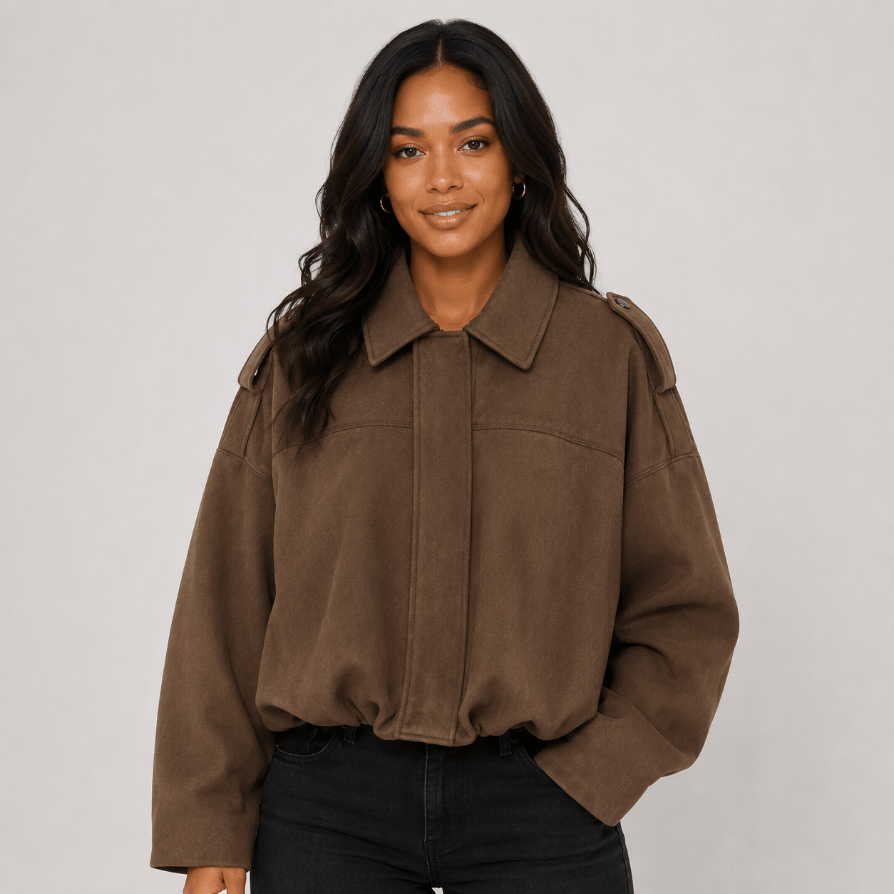 Woman's Suede Texture Effect Bomber Jacket Jacket Top Brown Green - Edin London
