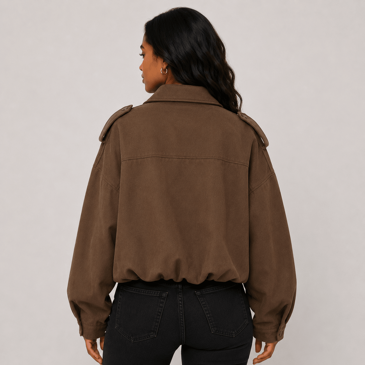 Woman's Suede Texture Effect Bomber Jacket Jacket Top Brown Green - Edin London