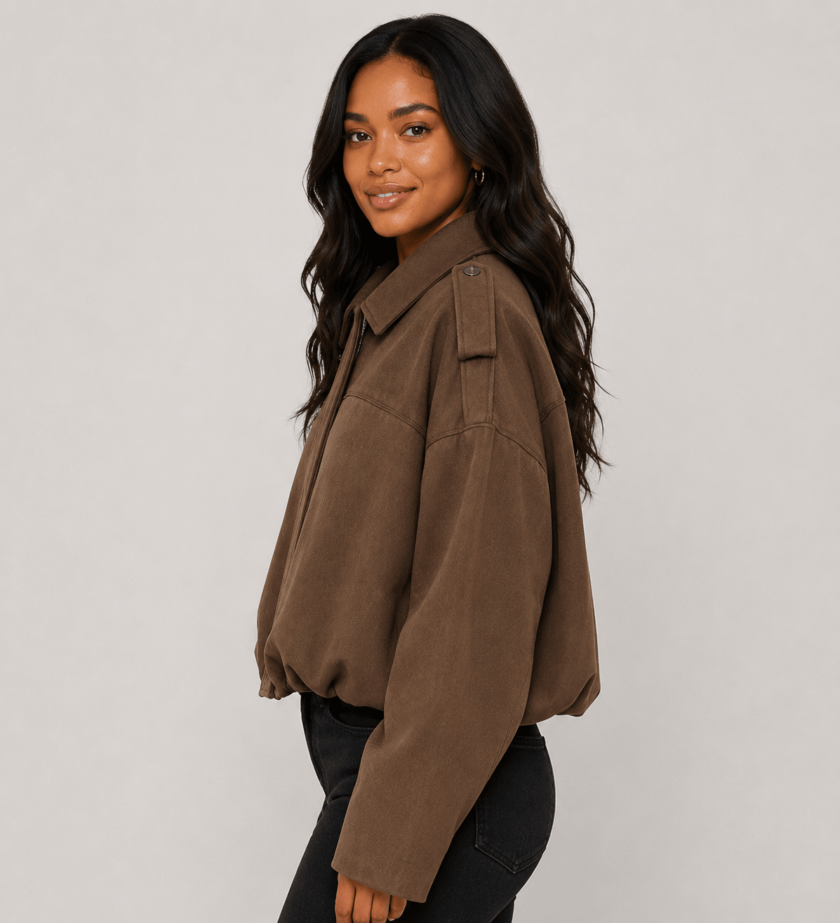 Woman's Suede Texture Effect Bomber Jacket Jacket Top Brown Green - Edin London