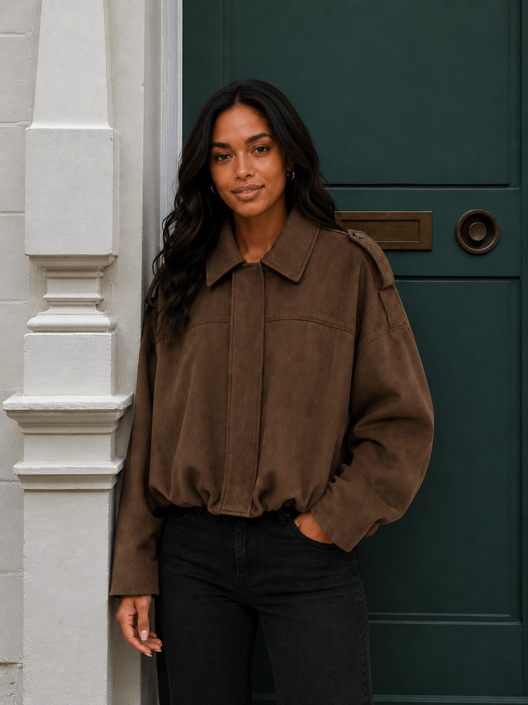 Woman's Suede Texture Effect Bomber Jacket Jacket Top Brown Green - Edin London