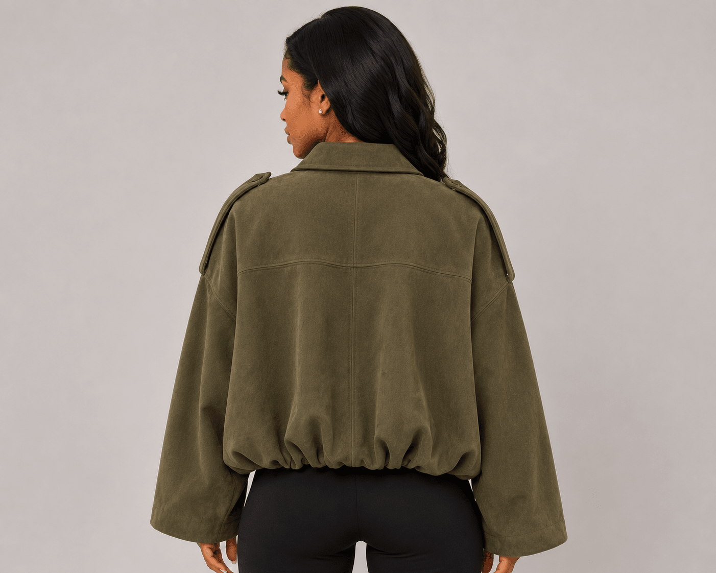 Woman's Suede Texture Effect Bomber Jacket Jacket Top Brown Green - Edin London