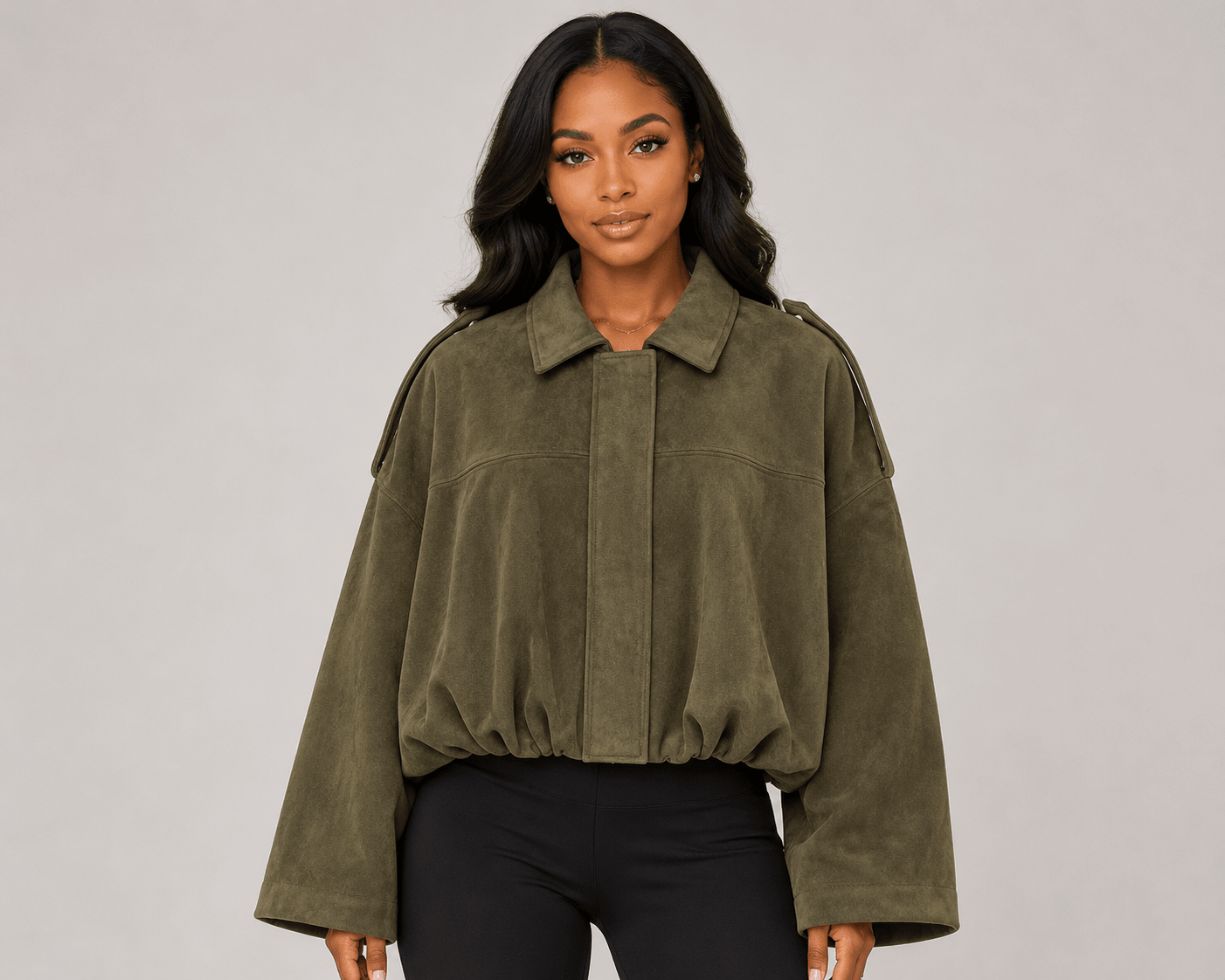 Woman's Suede Texture Effect Bomber Jacket Jacket Top Brown Green - Edin London