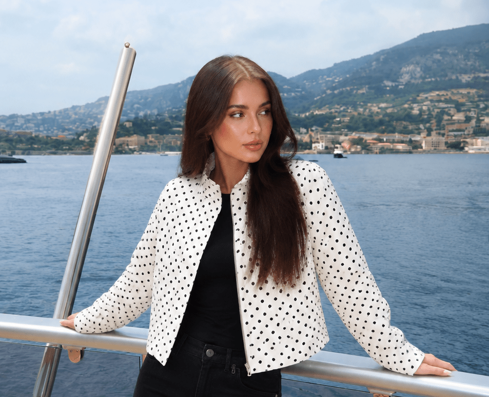 Woman's White Polka Dot Flight Jacket - Edin London