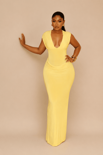 Womans Yellow Elegant Ruched Body con Midi Dress - Edin London