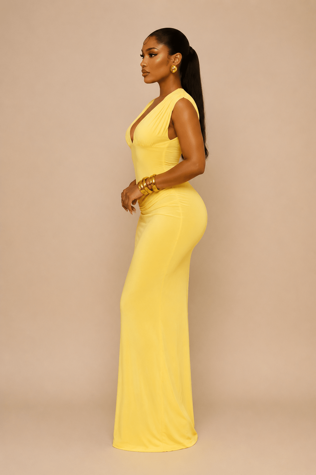 Womans Yellow Elegant Ruched Body con Midi Dress - Edin London