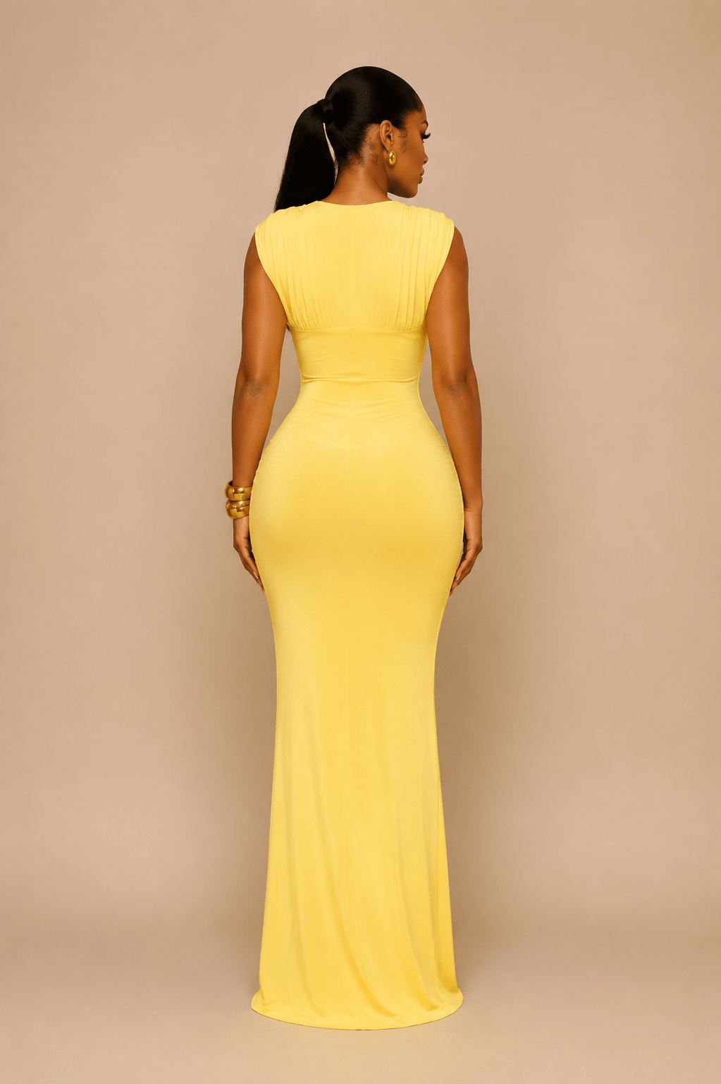 Womans Yellow Elegant Ruched Body con Midi Dress - Edin London