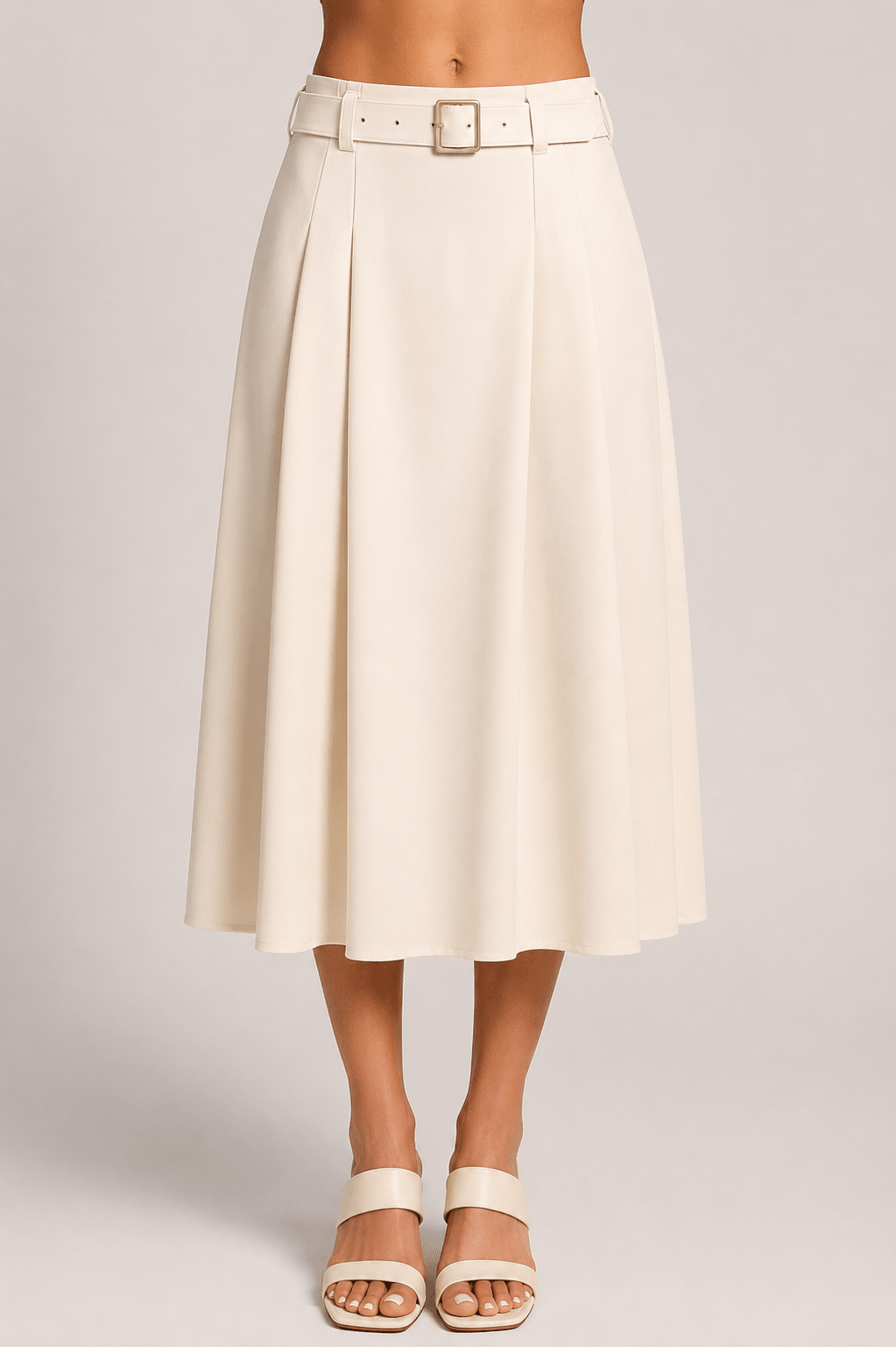 Women's Belted Pleated Midi Skirt Casual High Waist Flare A-Line Skirt for Office - Edin London