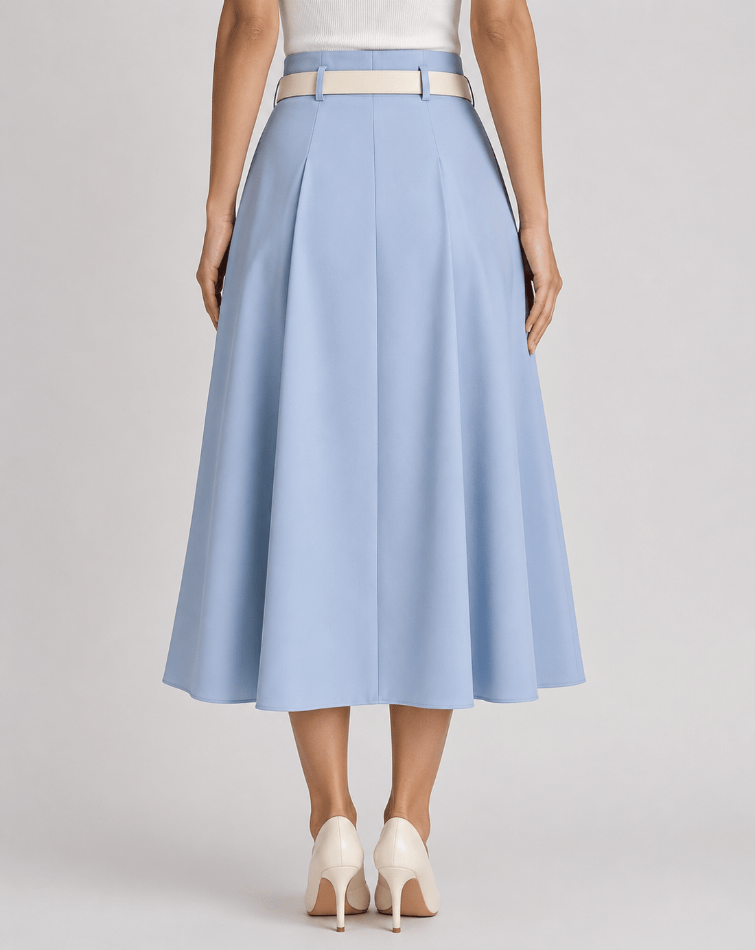 Women's Belted Pleated Midi Skirt Casual High Waist Flare A-Line Skirt for Office - Edin London