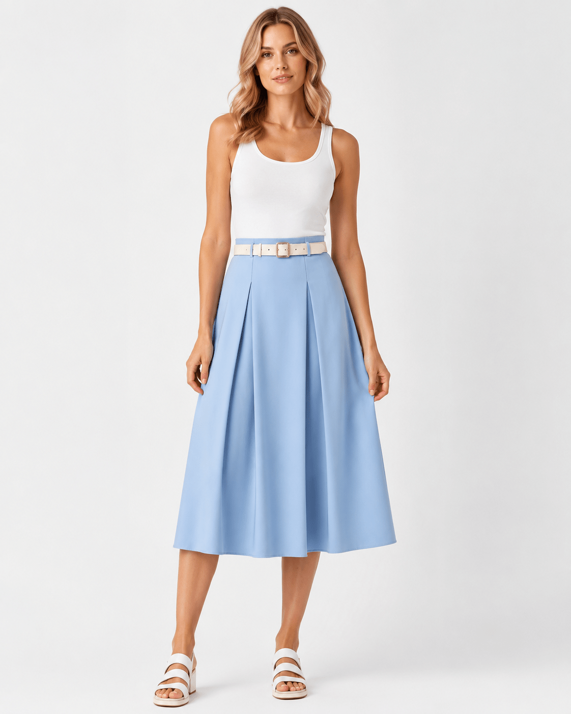 Women's Belted Pleated Midi Skirt Casual High Waist Flare A-Line Skirt for Office - Edin London