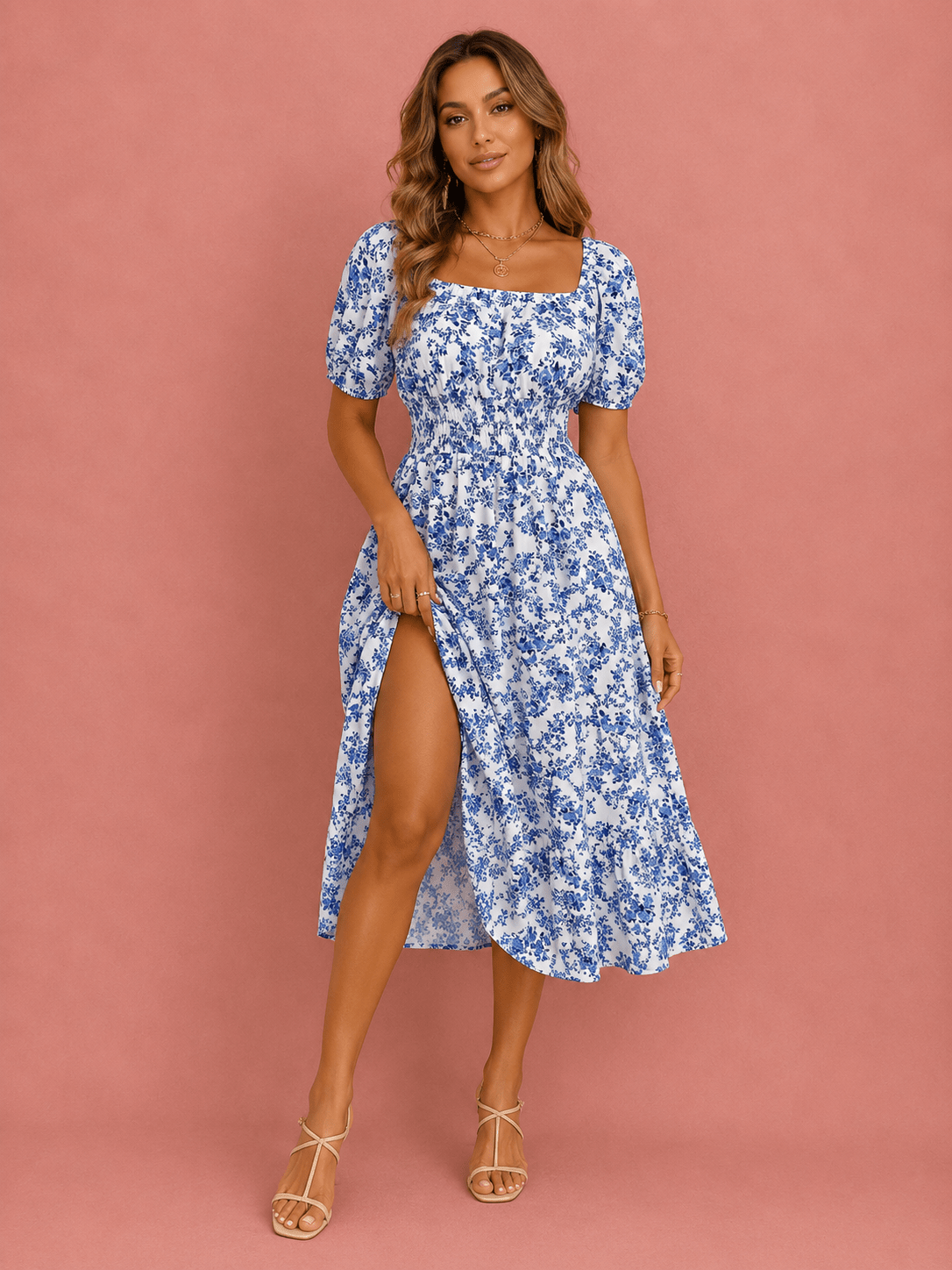 Women's Blue Floral Midi Dress – Summer Puff Sleeve Square Neck Smocked Waist Dress with Side Slit - Edin London