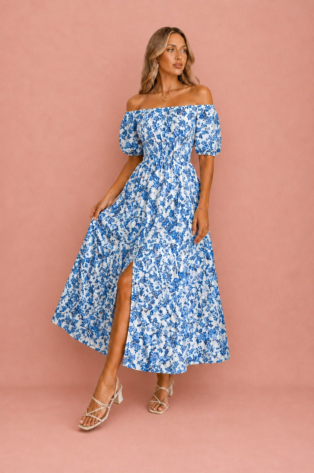 Women's Blue Floral Midi Dress – Summer Puff Sleeve Square Neck Smocked Waist Dress with Side Slit - Edin London