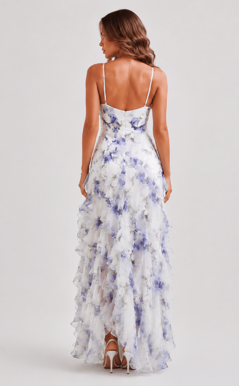 Women's Blue Floral Ruffle Maxi Dress | V-Neck Spaghetti Strap Corset Bodice - Edin London
