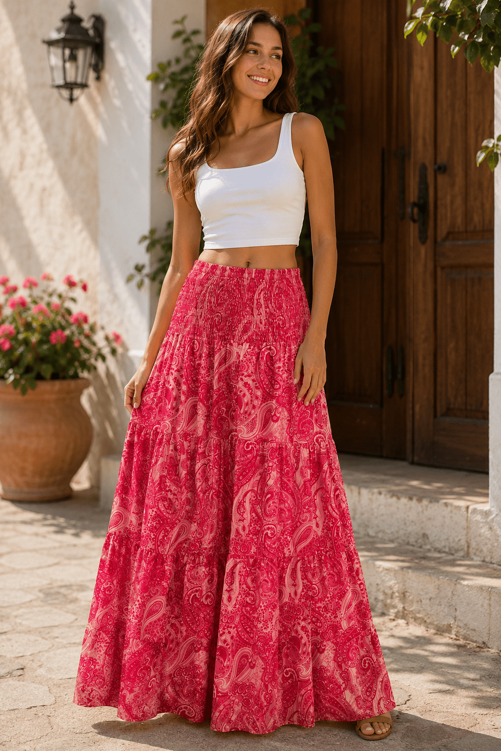 Women's Bohemian Print Maxi Skirt High Waist Flowing A-Line Holiday Beach Long Skirt - Edin London