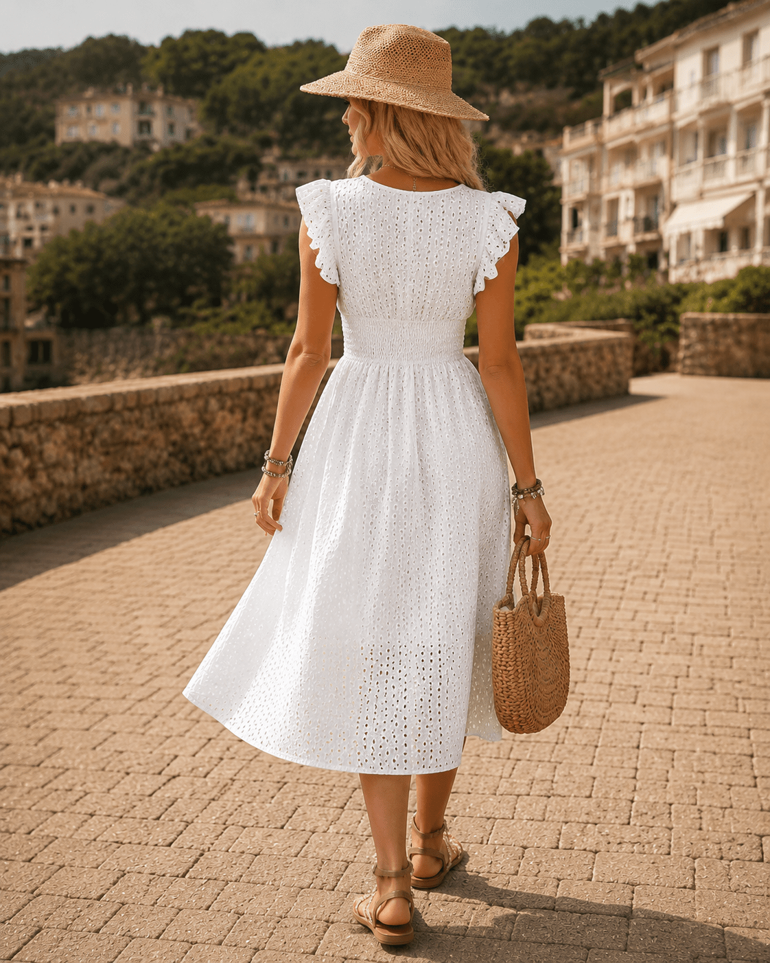 Women's Broderie Anglaise Midi Dress | V-Neck Ruffle Sleeve Smocked Waist - Edin London