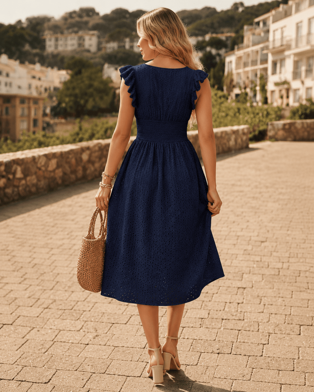 Women's Broderie Anglaise Midi Dress | V-Neck Ruffle Sleeve Smocked Waist - Edin London