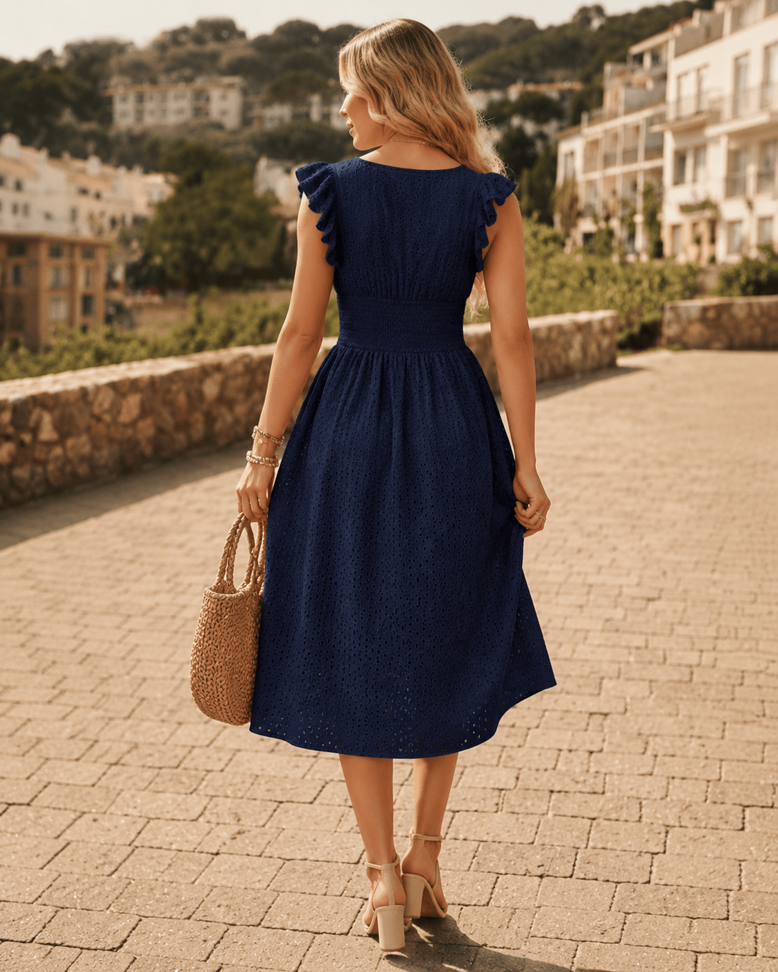 Women's Broderie Anglaise Midi Dress | V-Neck Ruffle Sleeve Smocked Waist - Edin London