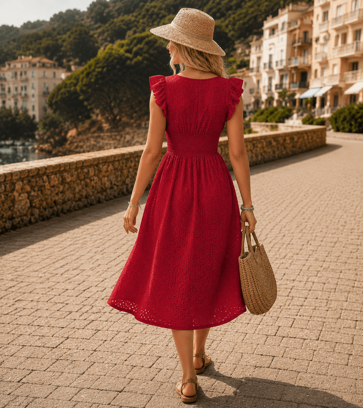 Women's Broderie Anglaise Midi Dress | V-Neck Ruffle Sleeve Smocked Waist - Edin London