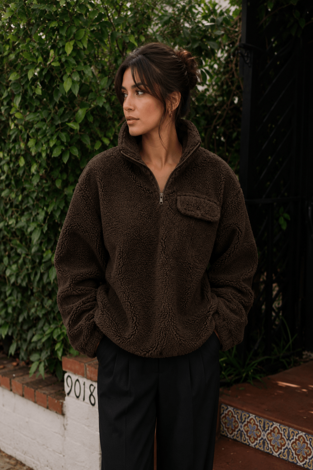 Women’s Brown Long sleeve Winters Sherpa Fleece Quarter Zip Pullover With Pocket - Edin London