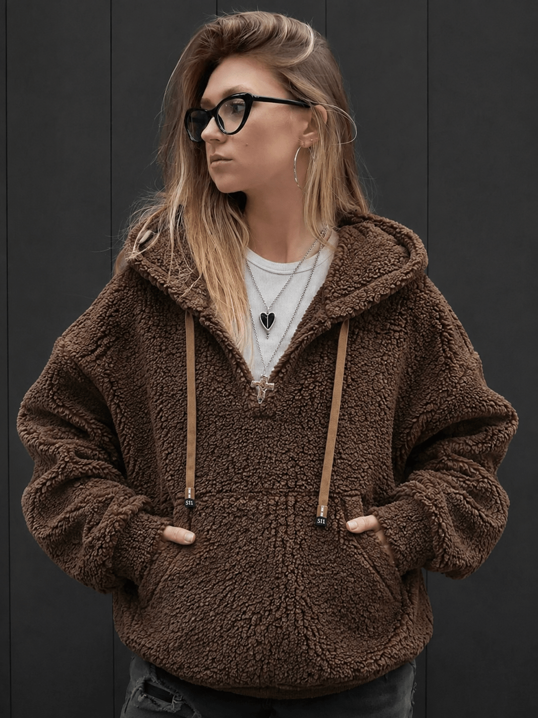 Women’s Brown Sherpa Fleece Pullover Hoodie With Drawstring Everyday Use - Edin London