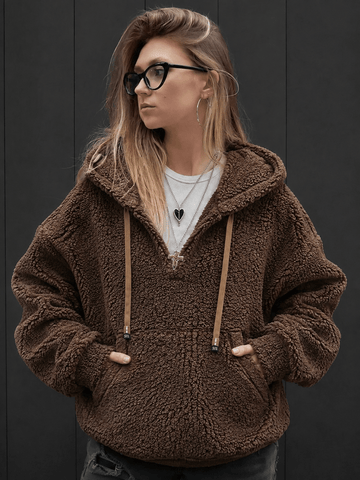 Women’s Brown Sherpa Fleece Pullover Hoodie With Drawstring Everyday Use - Edin London
