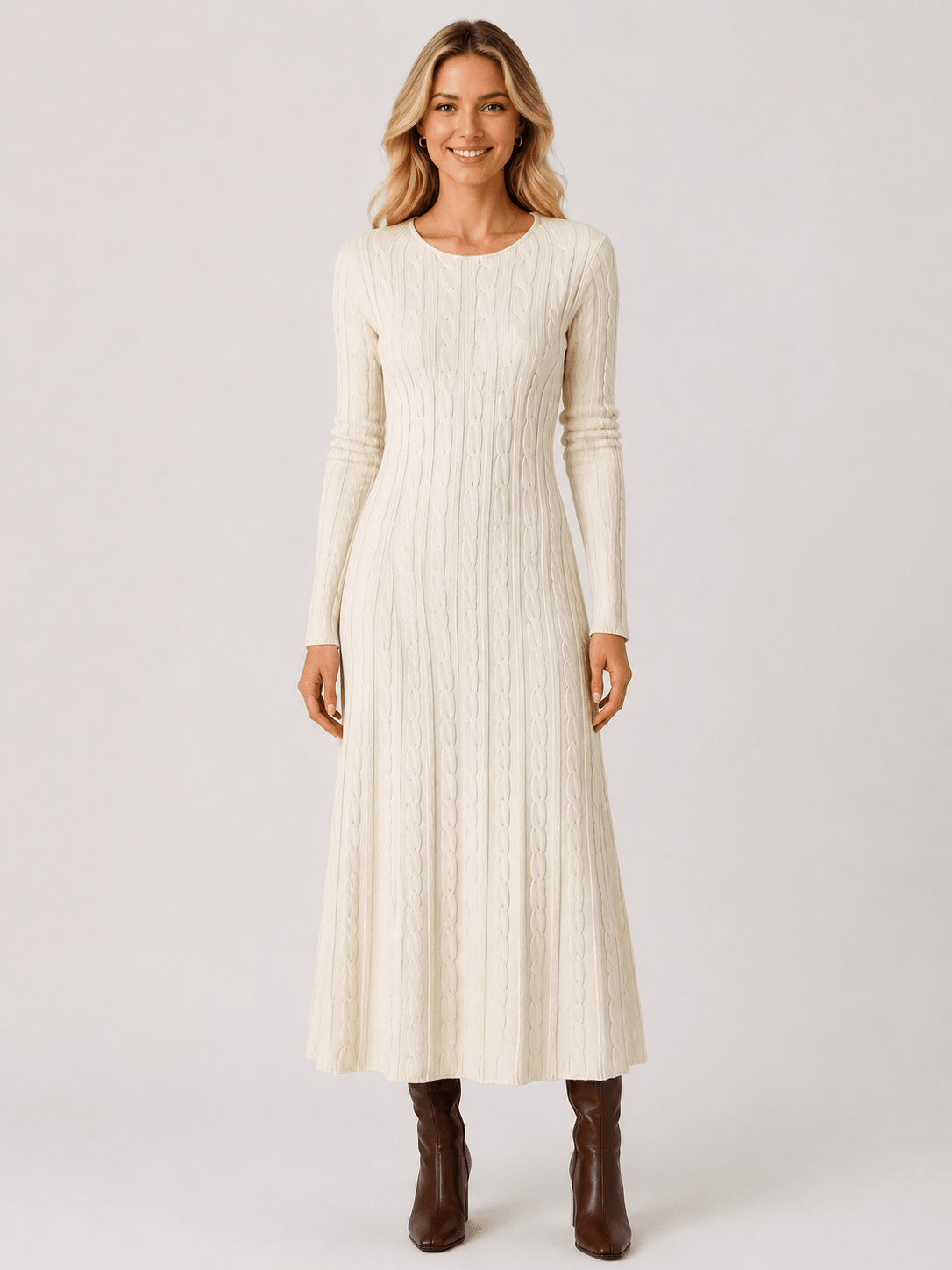 Women's Cable Knit Midi Sweater Dress – Long Sleeve Round Neck Slim Fit Winter Knit Dress - Edin London