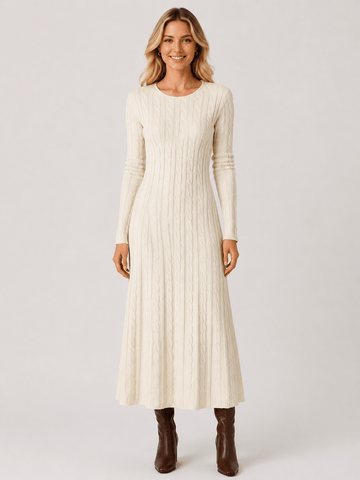 Women's Cable Knit Midi Sweater Dress – Long Sleeve Round Neck Slim Fit Winter Knit Dress - Edin London