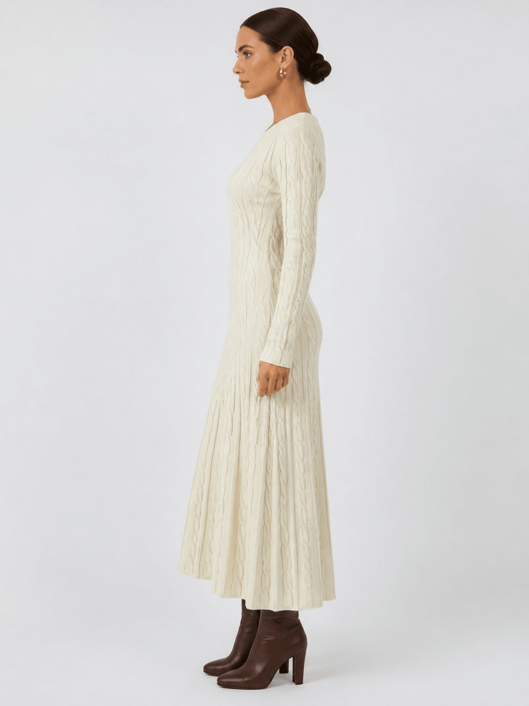 Women's Cable Knit Midi Sweater Dress – Long Sleeve Round Neck Slim Fit Winter Knit Dress - Edin London