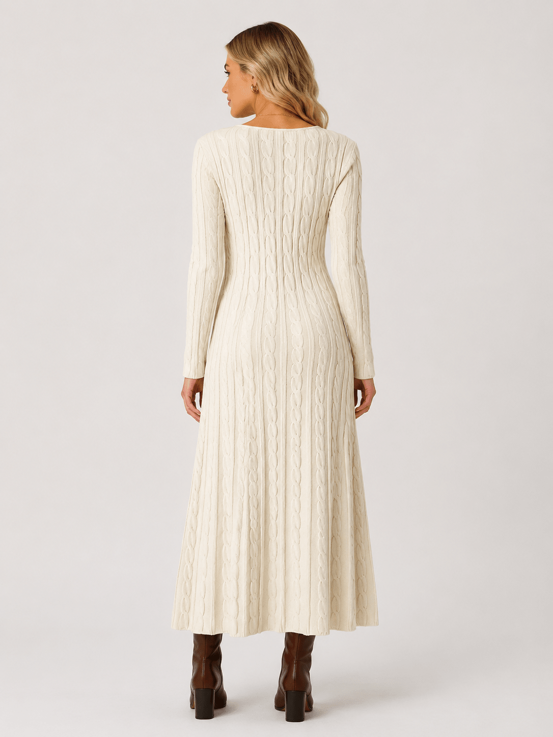Women's Cable Knit Midi Sweater Dress – Long Sleeve Round Neck Slim Fit Winter Knit Dress - Edin London