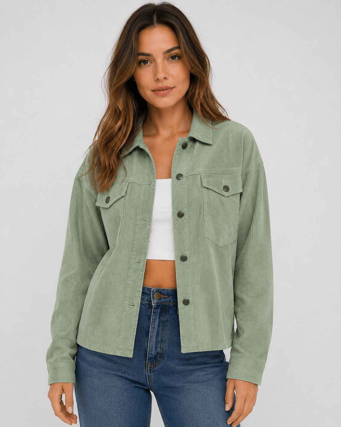 Women's Casual Corduroy Jacket Lightweight Button Up Long Sleeve Spring & Autumn Coat - Edin London