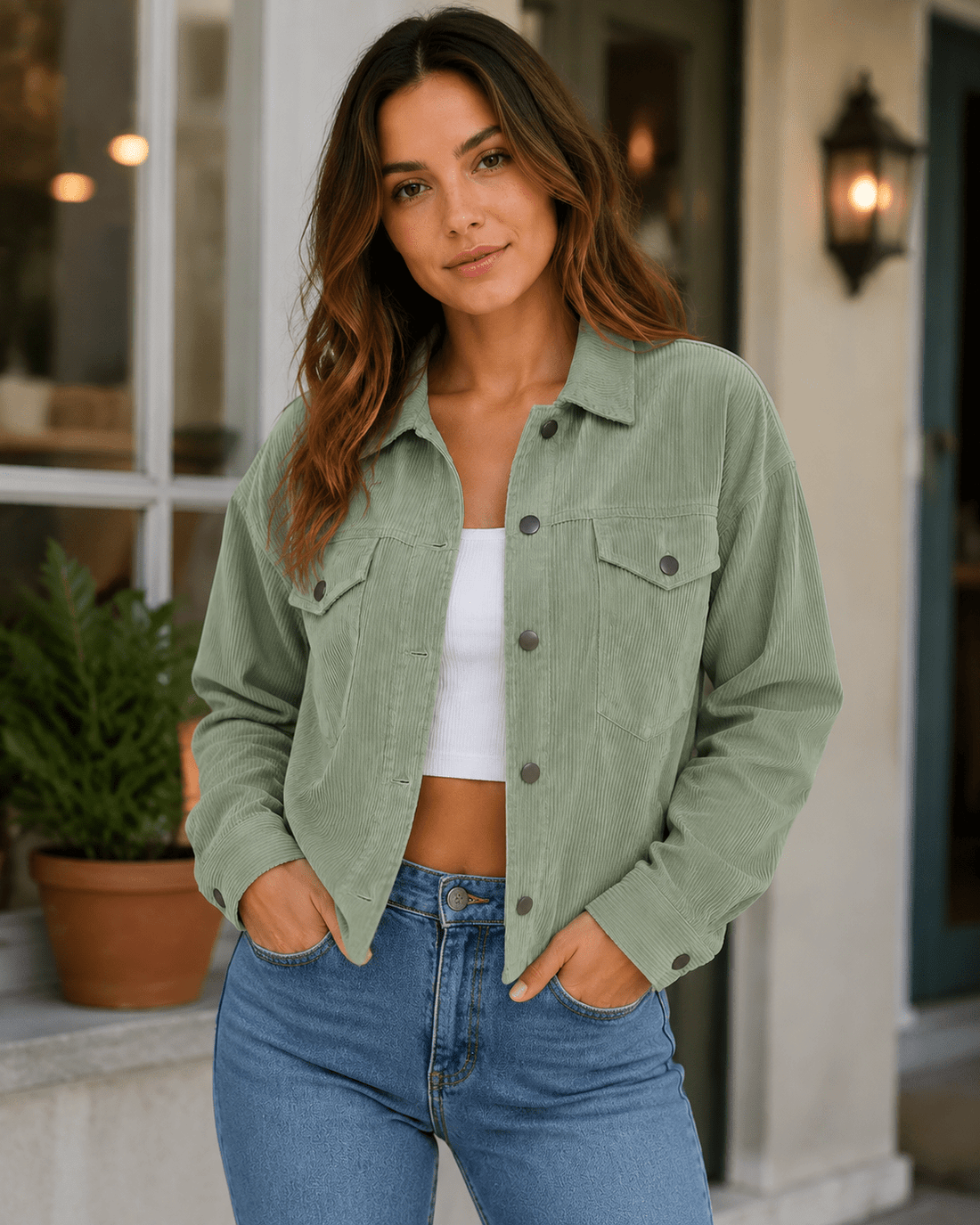 Women's Casual Corduroy Jacket Lightweight Button Up Long Sleeve Spring & Autumn Coat - Edin London