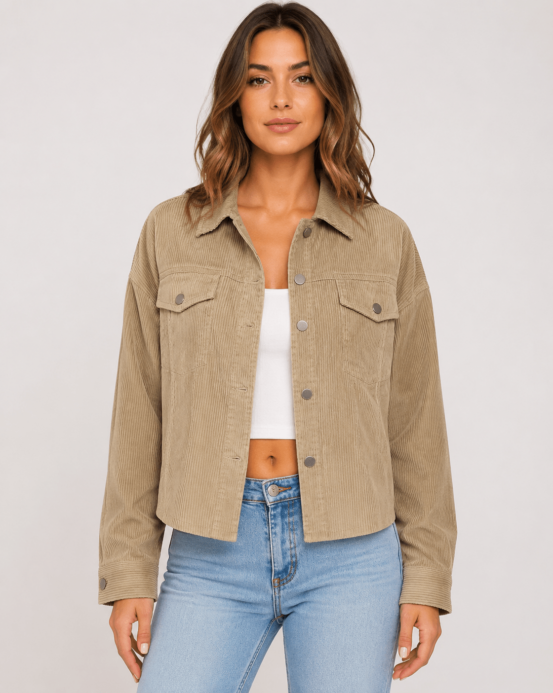Women's Casual Corduroy Jacket Lightweight Button Up Long Sleeve Spring & Autumn Coat - Edin London