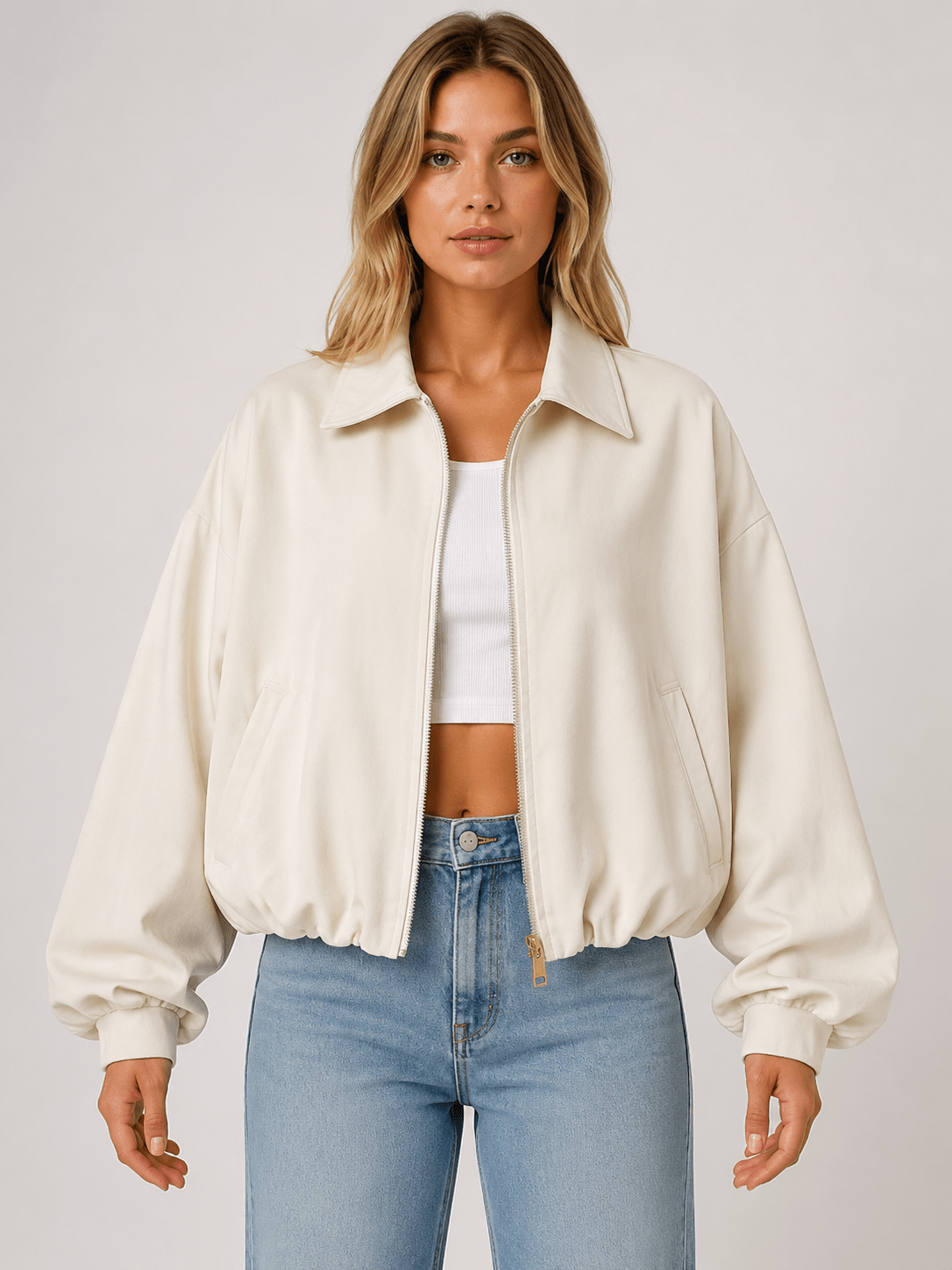 Women's Casual Zip Front Utility Jacket Long Sleeve Lapel Collar Lightweight Spring & Autumn Coat - Edin London