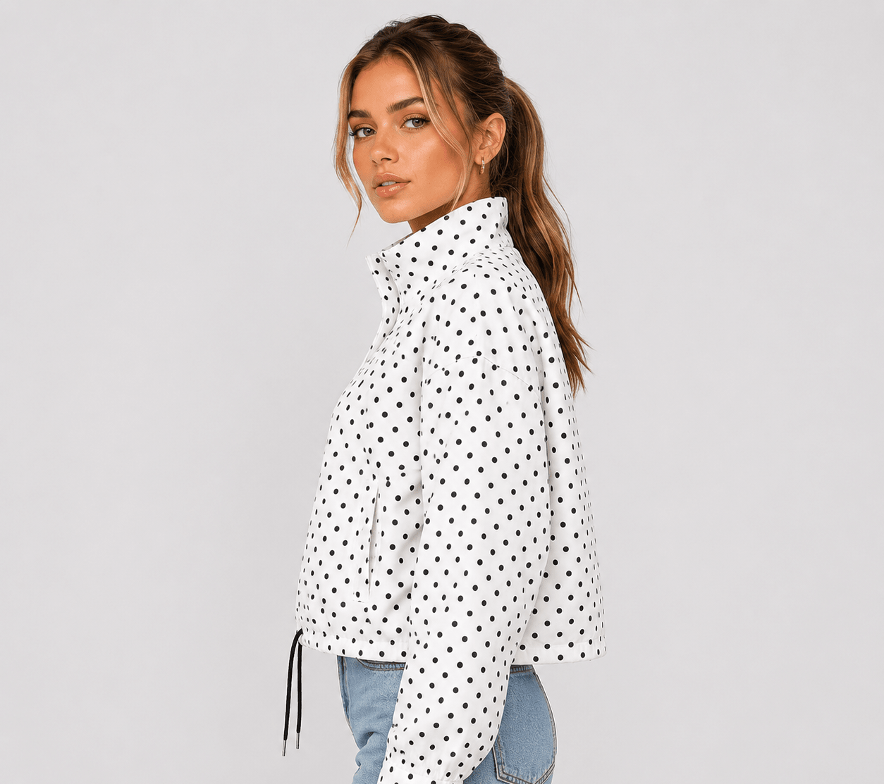 Women's Clothing Stand-Up Collar Polka Dot Bubble Gauze Jacket Pilot-Style Coat - Edin London