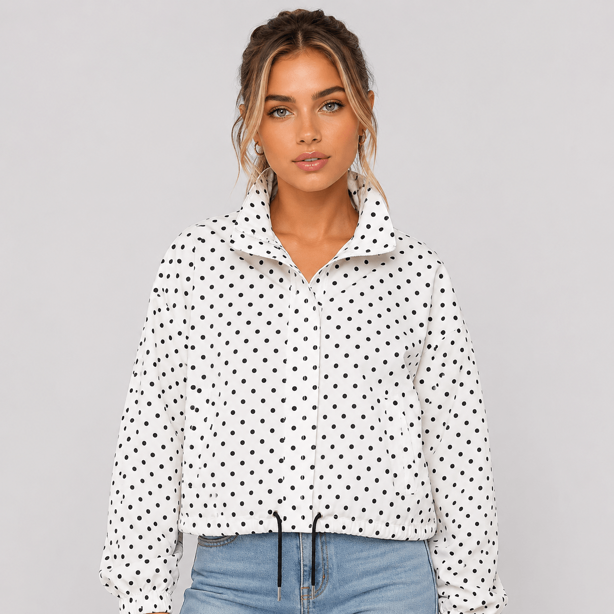 Women's Clothing Stand-Up Collar Polka Dot Bubble Gauze Jacket Pilot-Style Coat - Edin London